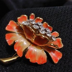 Nolan Miller Orange Enamel Swarovski Crystal Flower Pin fashion Brooch